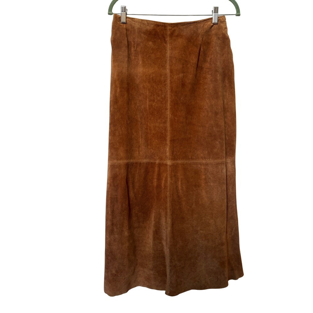 Y2K Danier Genuine Suede Leather Maxi Skirt Cognac Brown A-Line 8 9936